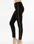 High Rise Leopard Striped Jean featuring a trendy animal print detail in a classic denim silhouette.