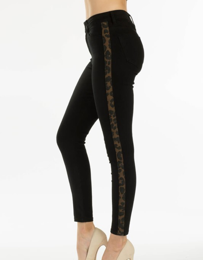 High Rise Leopard Striped Jean featuring a trendy animal print detail in a classic denim silhouette.