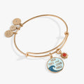 High Tides Good Vibes Bangle with a red padparadscha sapphire crystal sun charm on a polished metal wire
