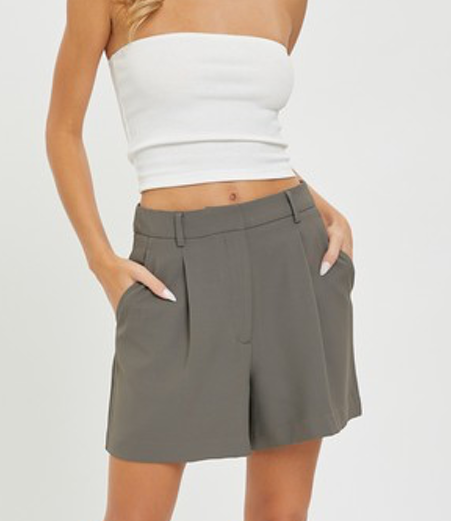 High Waisted Shorts in Dark Mink featuring front pleats and a metal hook closure