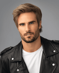 Close-up of a modern men's hairpiece in light-brown and ash-blonde highlights.