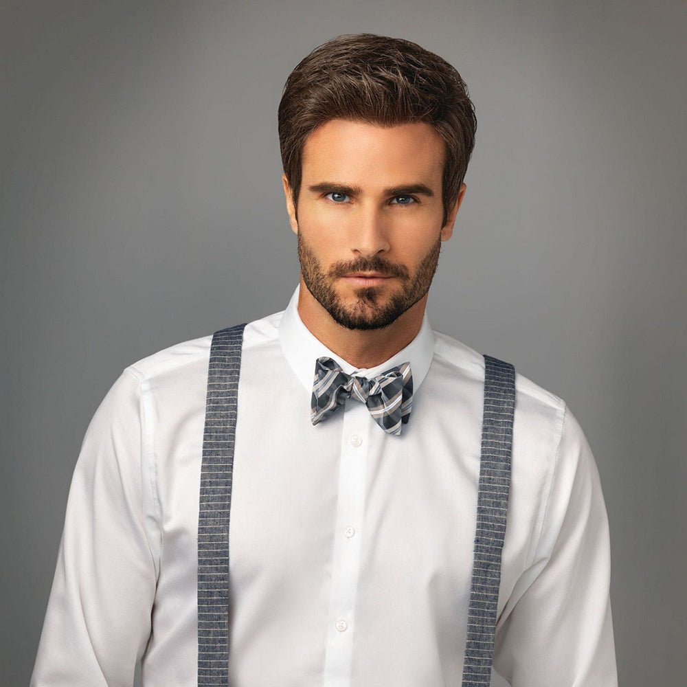 Model wearing a stylish short men's hairpiece in natural black