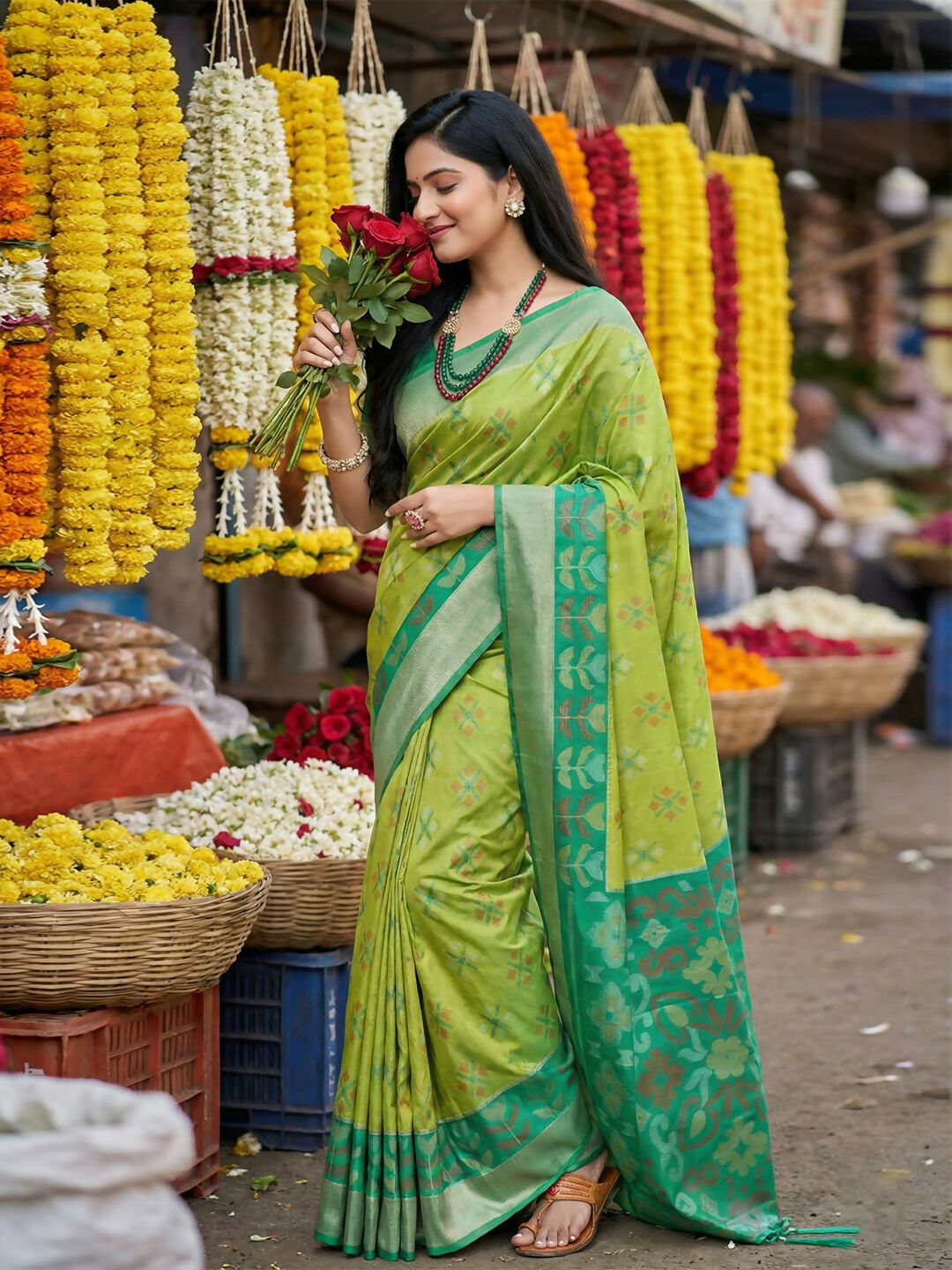 Light green Pochampally silk saree with matching blouse piece.