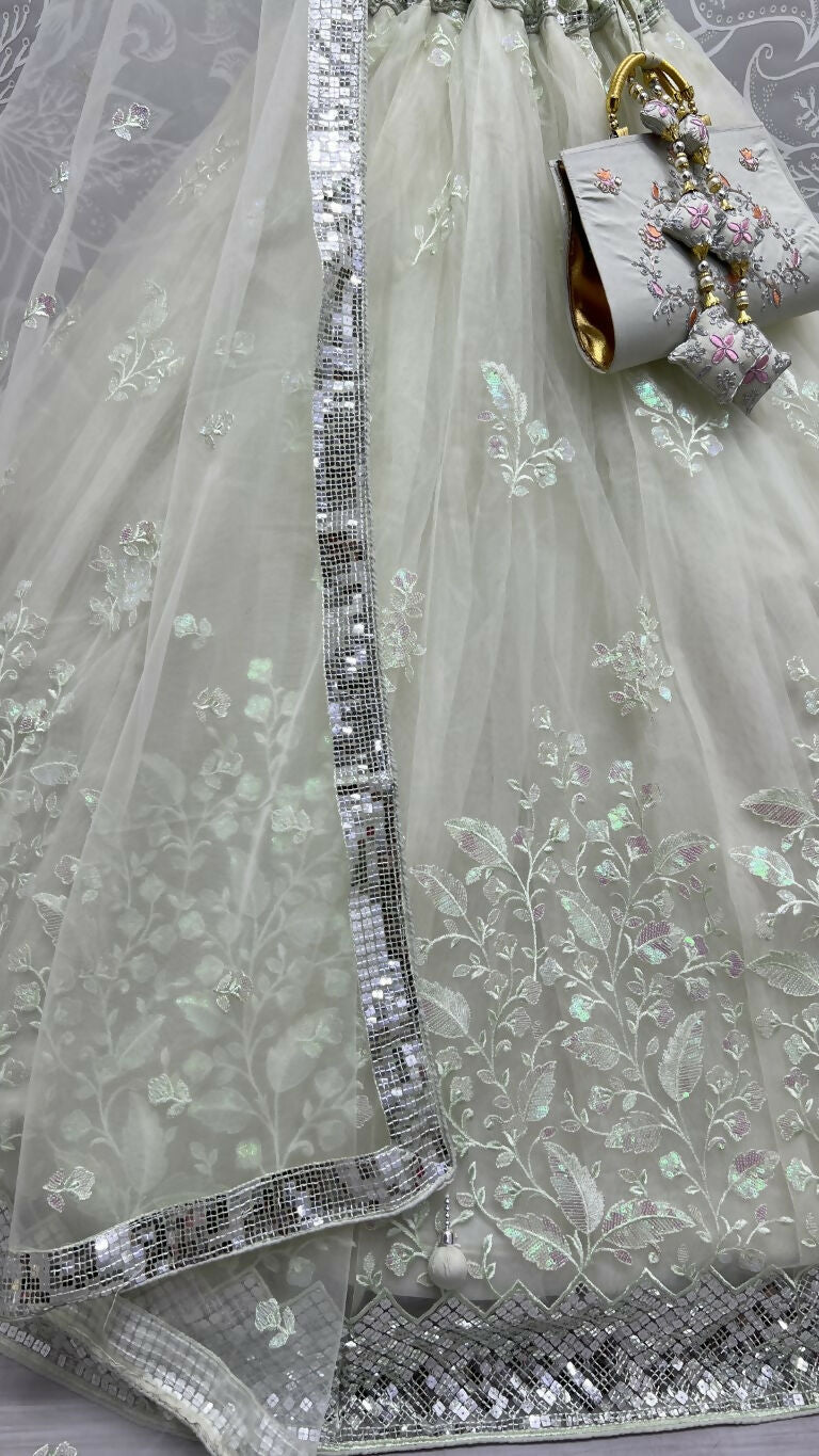 Sea Green Bridal Net Sequins Embroidered Wedding Lehenga Choli