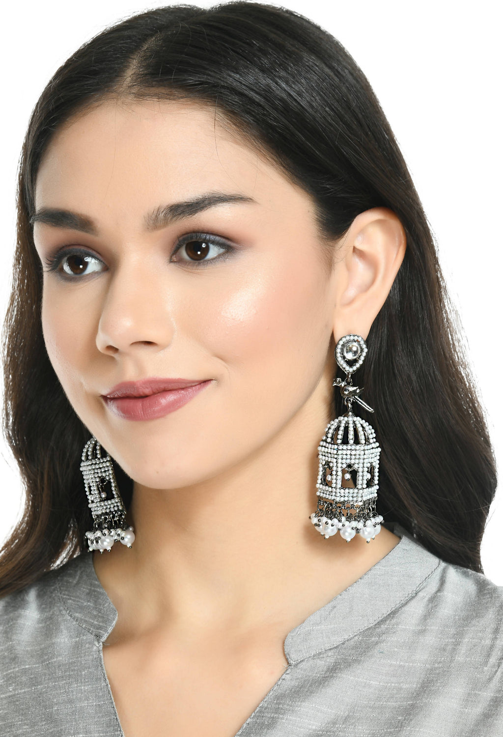 Silver Color Bird Nest Design Drop Earrings With Pearls