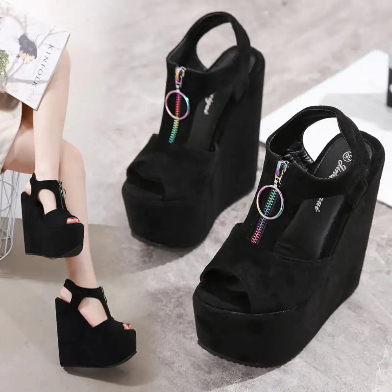 Women's Black Platform Wedge Sandals with Iridescent Zipper - Image 2
