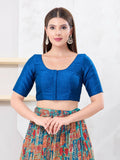 Fire-Blue Dupion Silk sleeveless blouse with front open closure