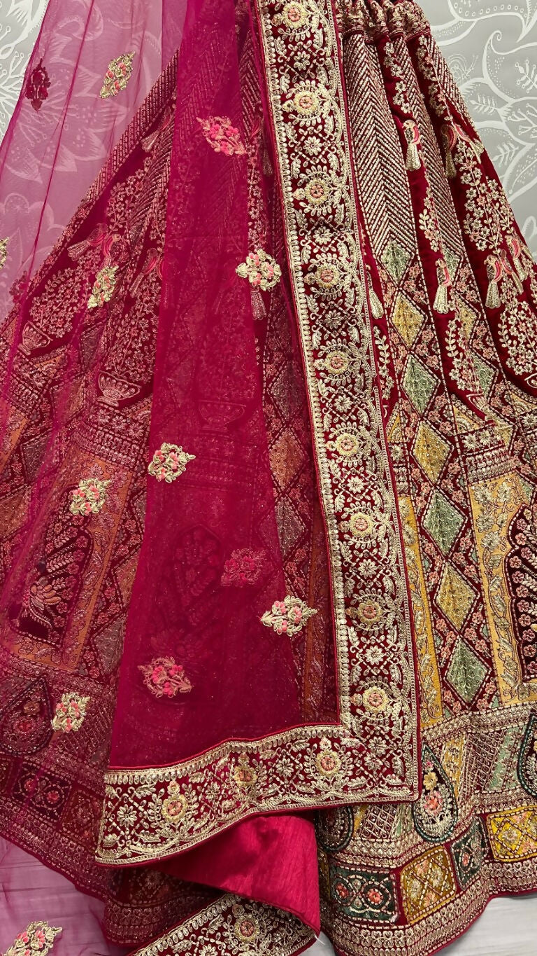 Rani Pink Velvet Wedding Lehenga Choli with Dori and Zari Embroidery