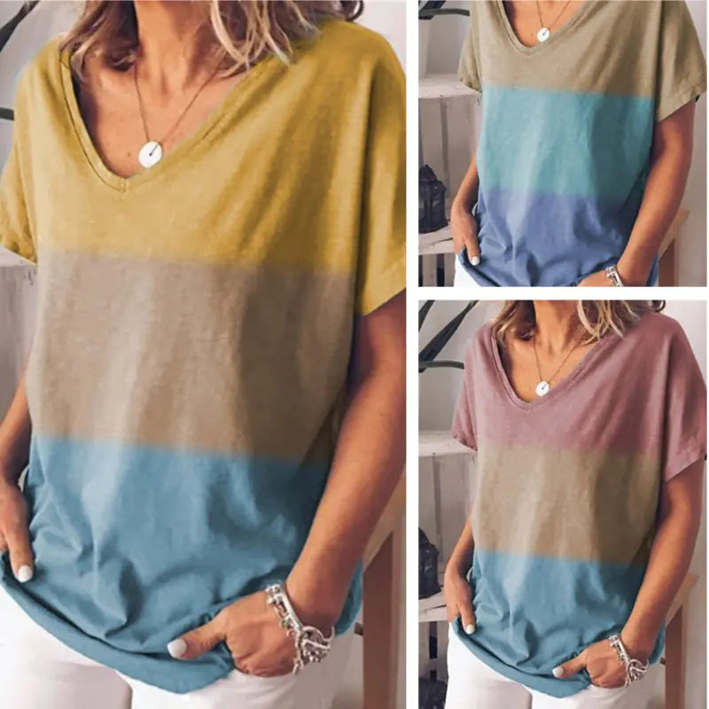 Women's Short Sleeve V-Neck Color Block Gradient T-Shirt - Image 13