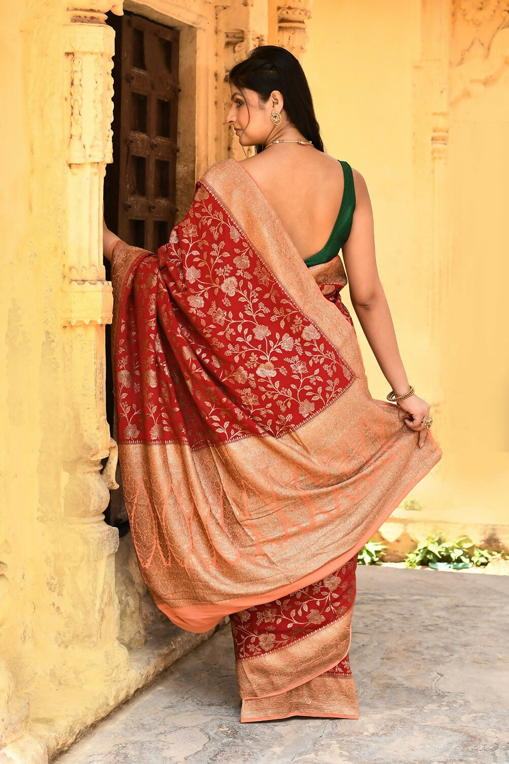 Red Crepe Chiffon Handloom Banarasi Silk Saree