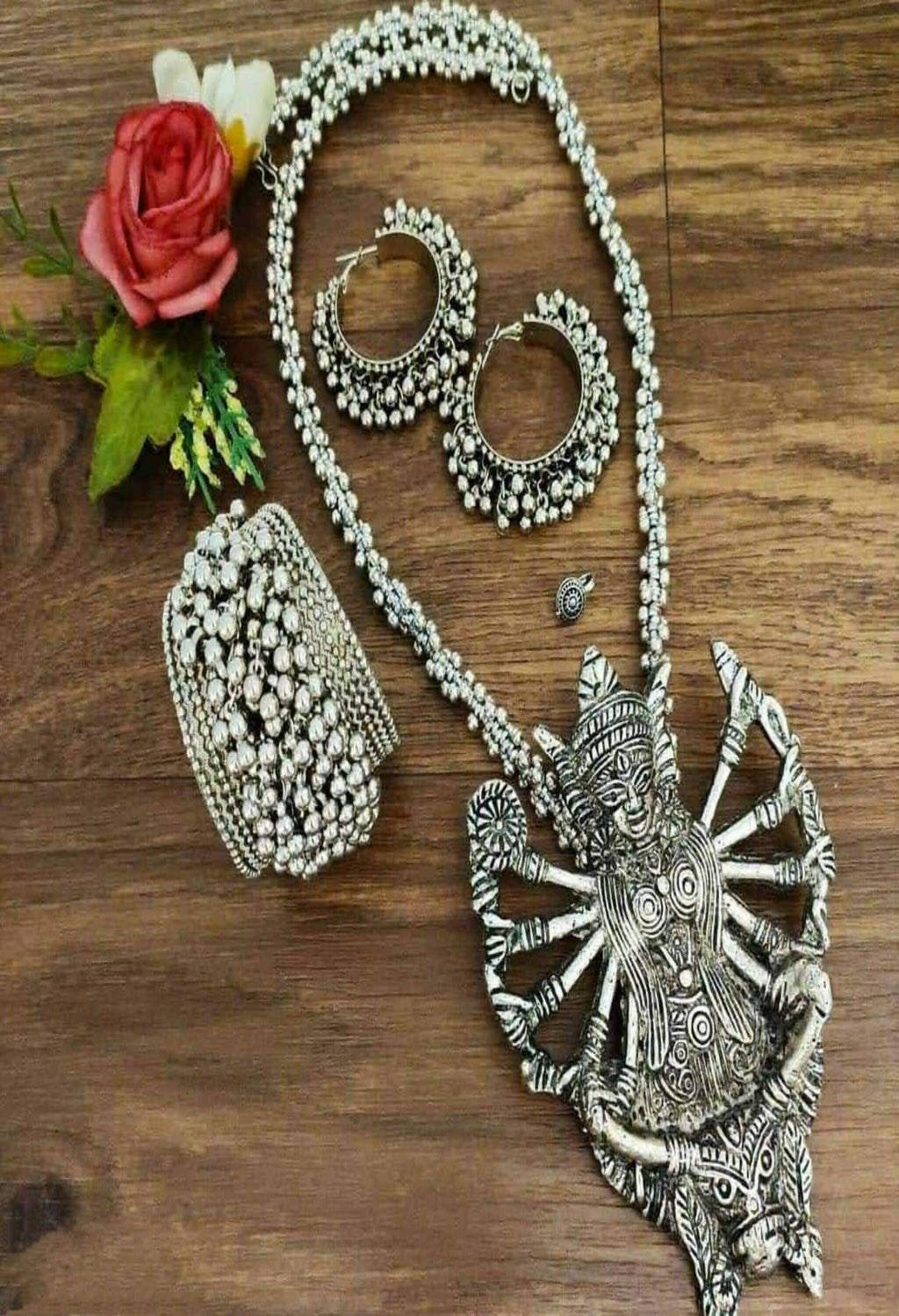 Kaali Mata design oxidised silver-plated long necklace set