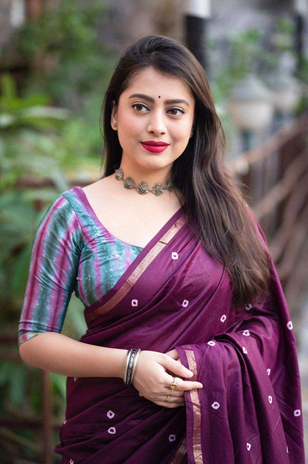 Purple Chanderi Cotton Saree with Traditional Block Print