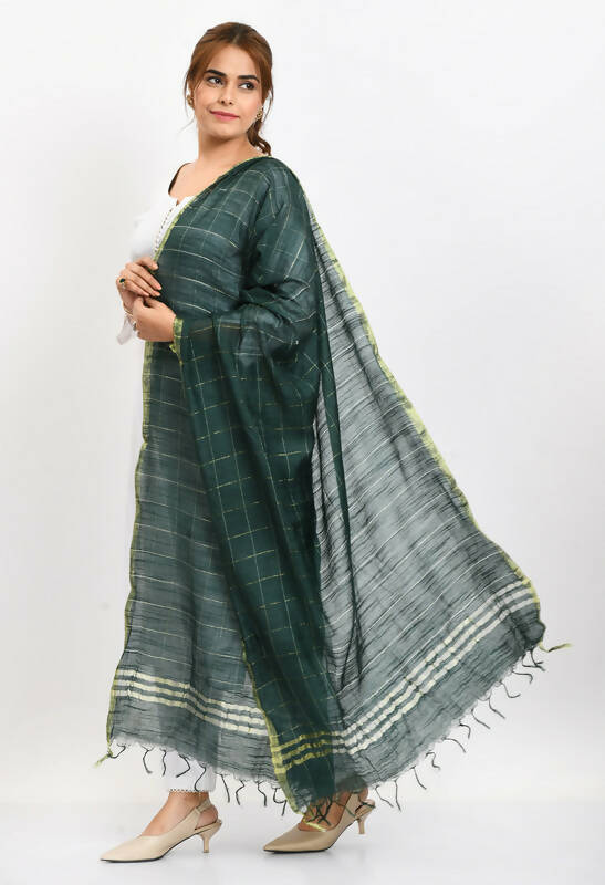 Bottle Green Cotton Zari Box Pattern Dupatta for Women