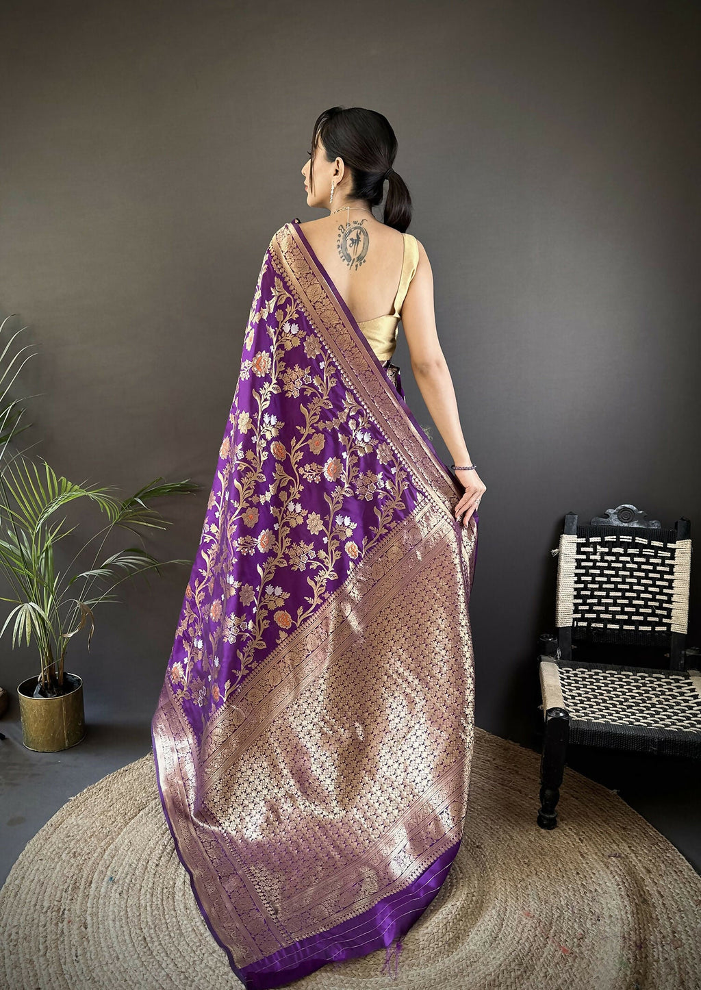 Purple Floral & Ethnic Motif Soft Silk Meenakari Banarasi Saree
