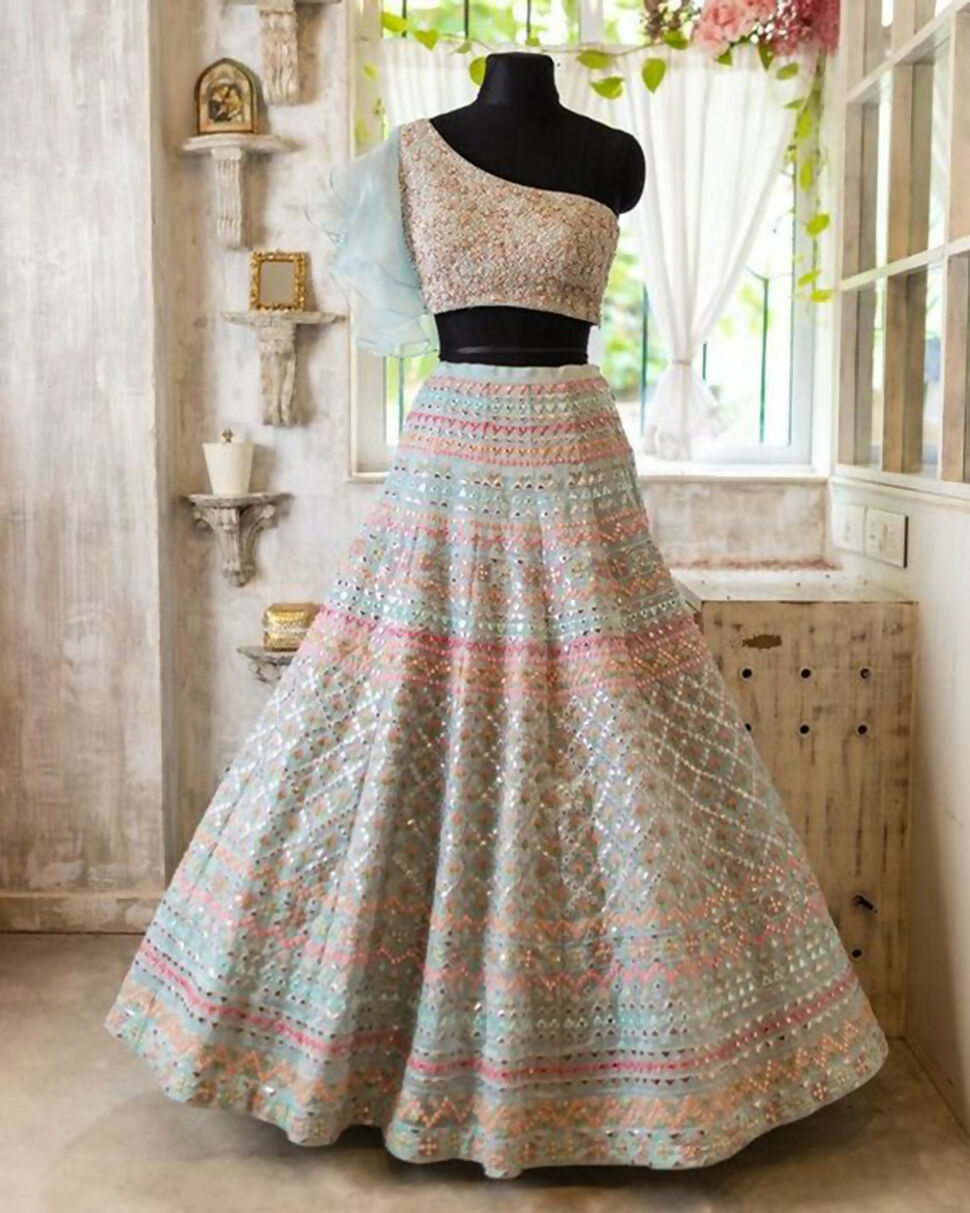 Light Turquoise Organza One-Shoulder Embroidered Bridal Lehenga