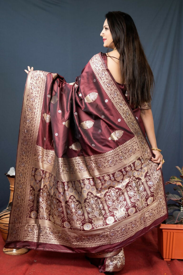 Brown Paithani Silk Saree with Zari Woven Border and Blouse