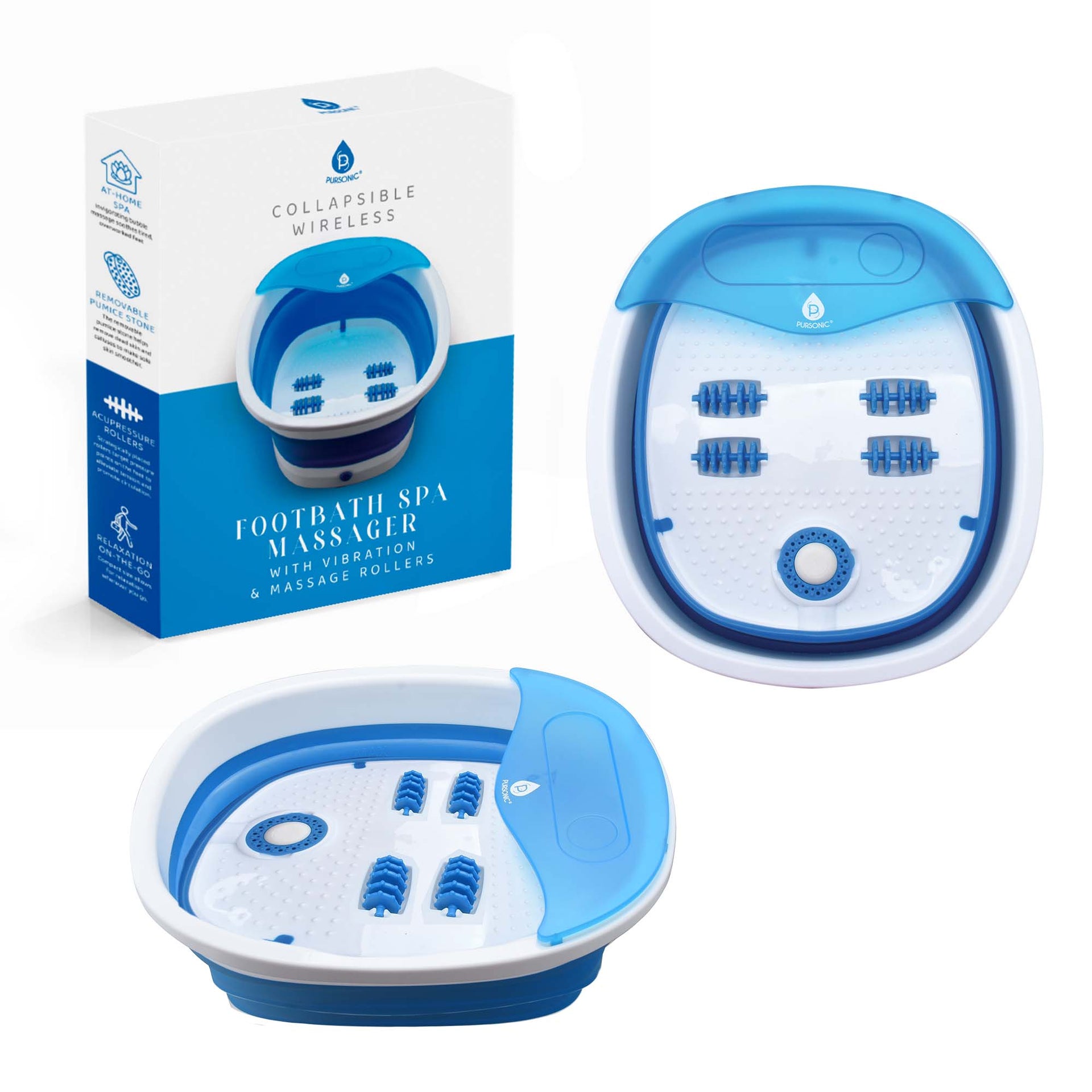 The Ultimate Relaxation Trio: Wooden Foot Massager, Collapsible Wireless Footbath, & Portable Handheld Massager