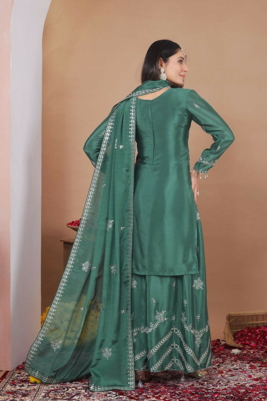 Green Silk Embroidered Sharara Set with Intricate Detailing