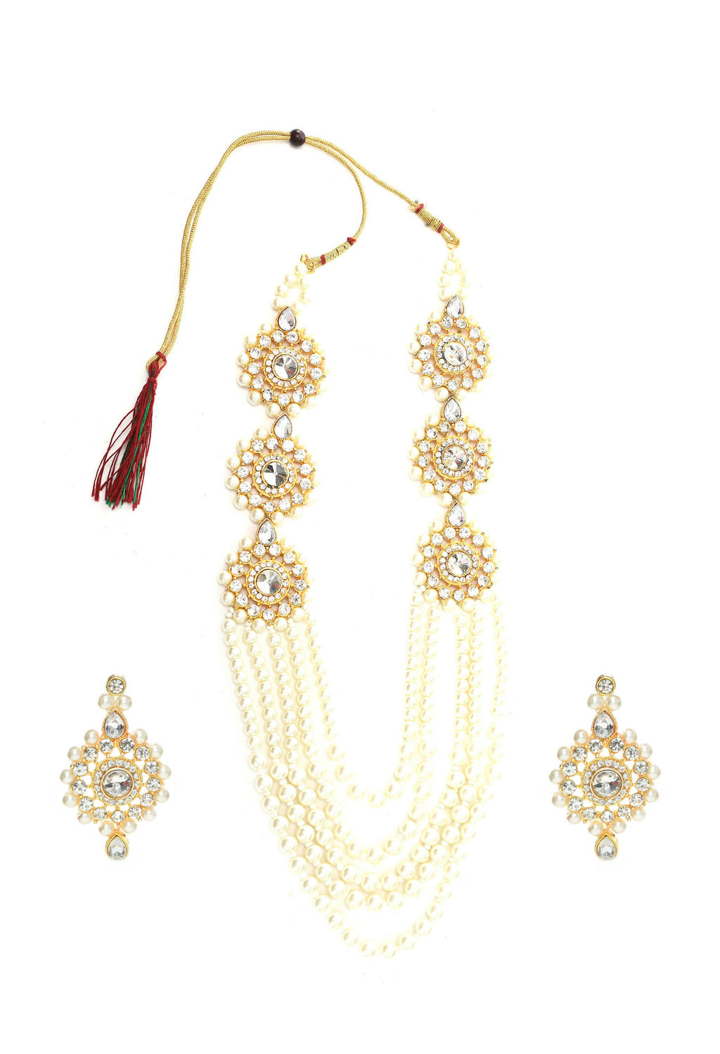 Gold-Polished Rani Haar Necklace Set with Off White Pearls & Kundan