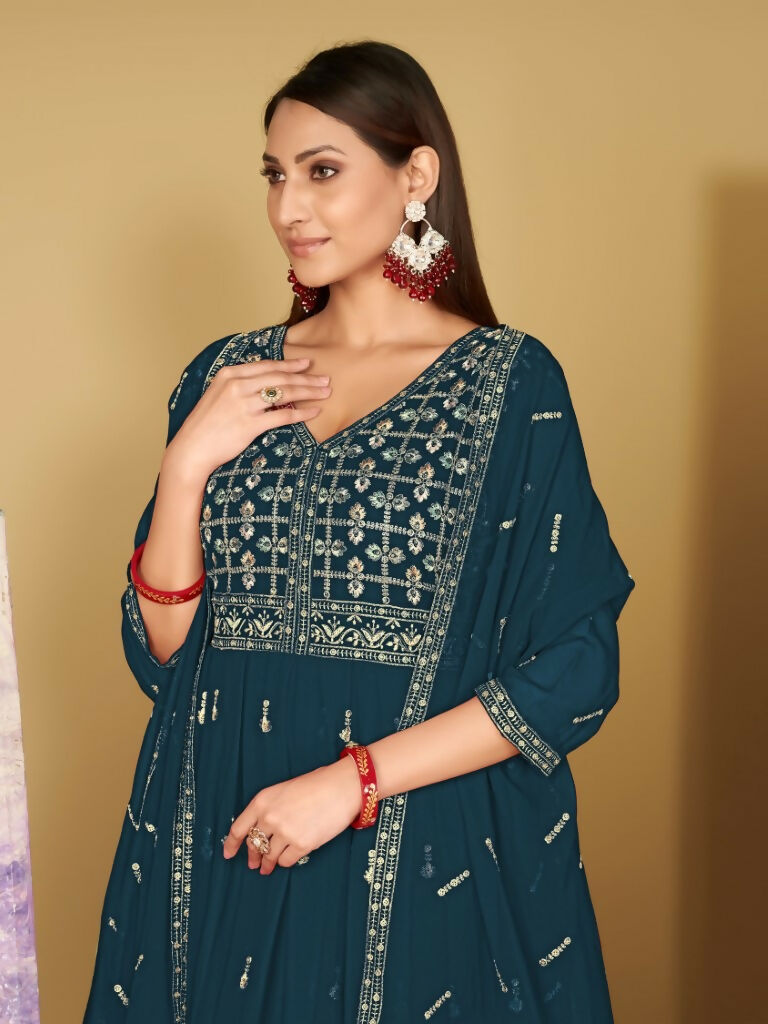 Rama Georgette Embroidered Anarkali Kurta Pant Set with Dupatta