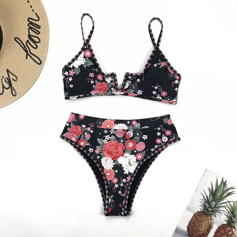 Printed Sexy V-Neck Bikini - Women's Swimsuit Set
