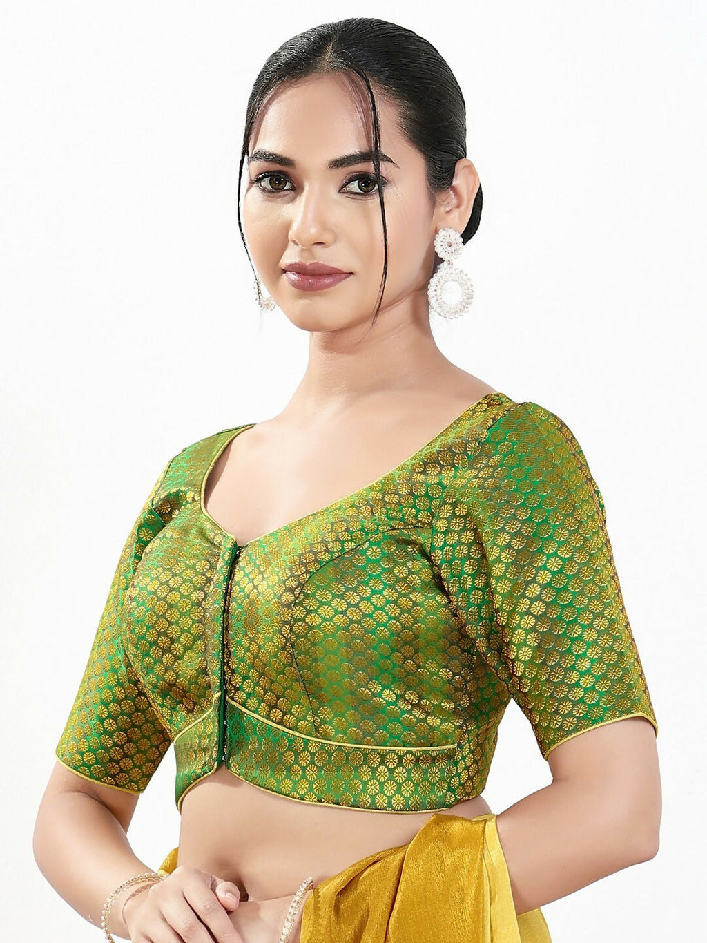 Joban Fashion Green Brocade Padded Blouse With Sweetheart Neck Elbow Sleeves