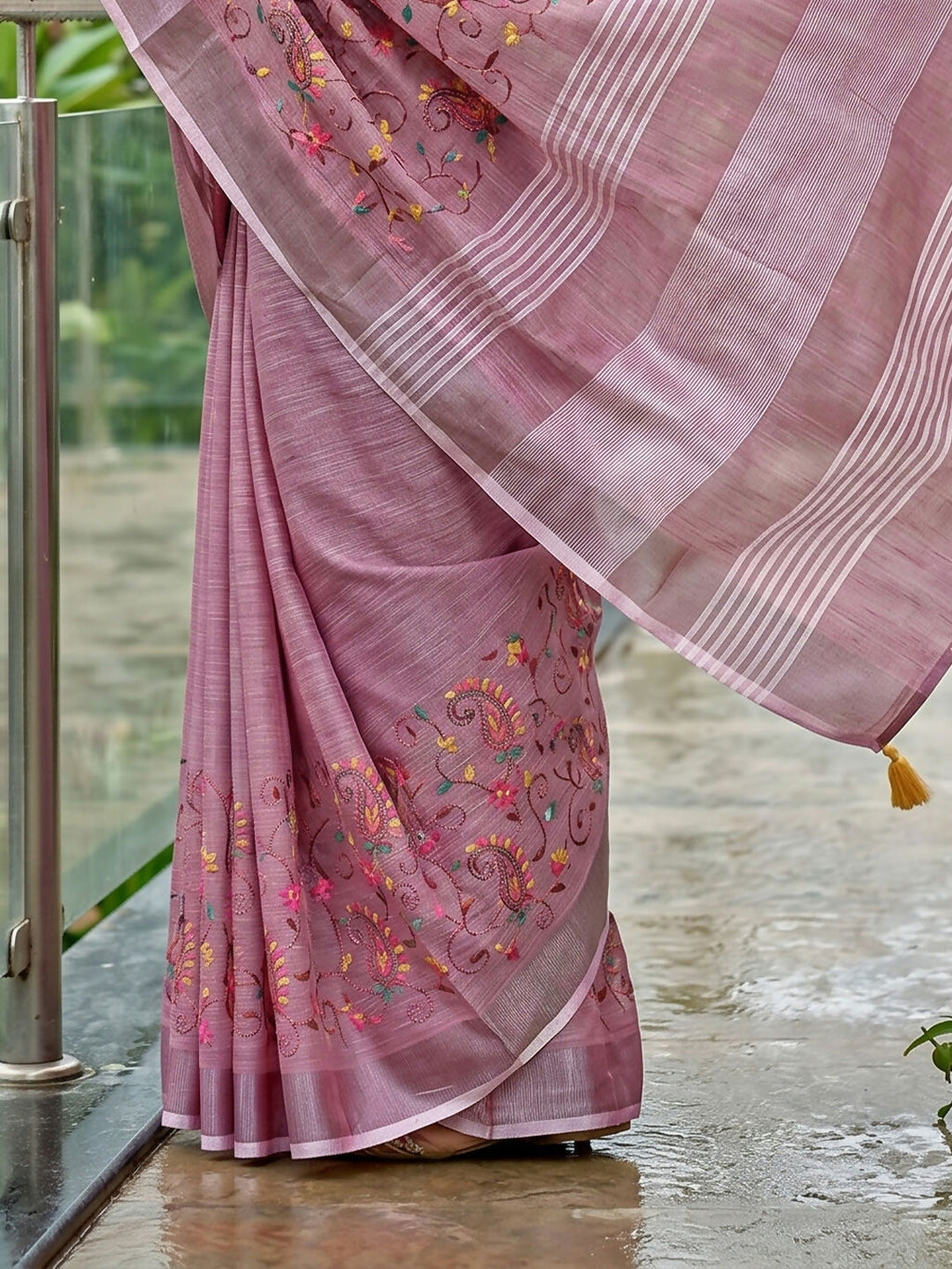 Purple Linen Saree with Matching Blouse Piece for Women