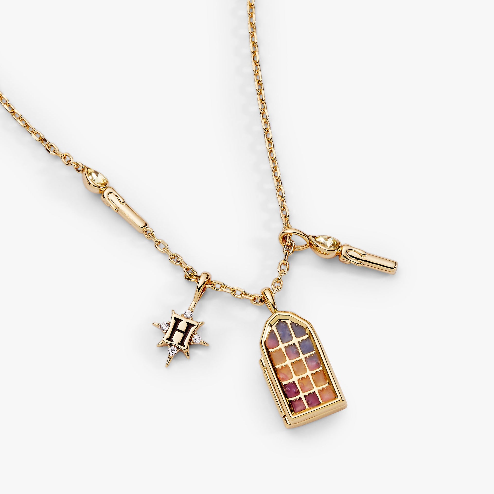 Hogwarts Great Hall Stained Glass Cluster Charm Necklace Gold