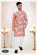 Men wearing a straight-cut cream silk kurta set with detailed thread and sequence embroidery