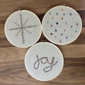 Holiday Joy, Forest and Snowflake embroidery patterns arranged for a DIY craft project.