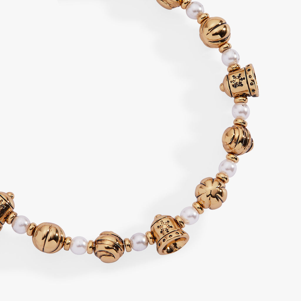 Festive Holiday Bells and Pearl Crystal Bead Expandable Bangle