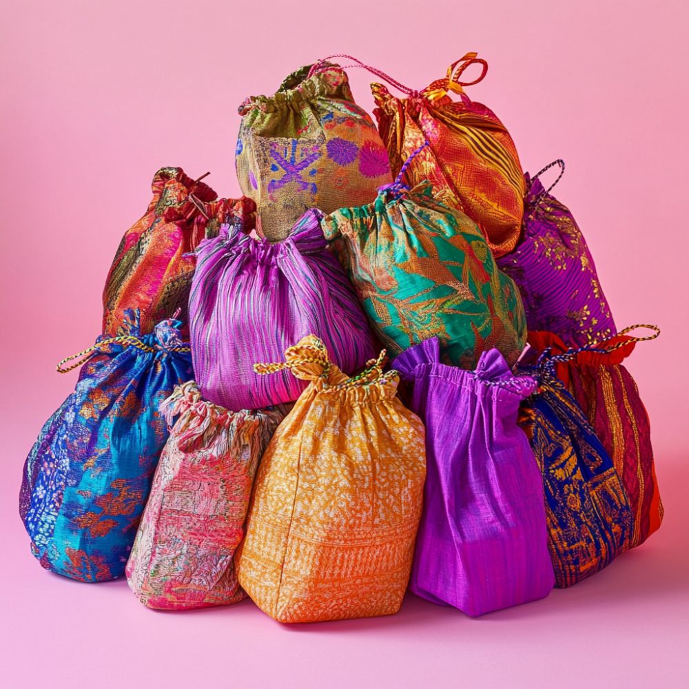 A vibrant, upcycled sari silk drawstring gift bag measuring 18 by 11 inches.