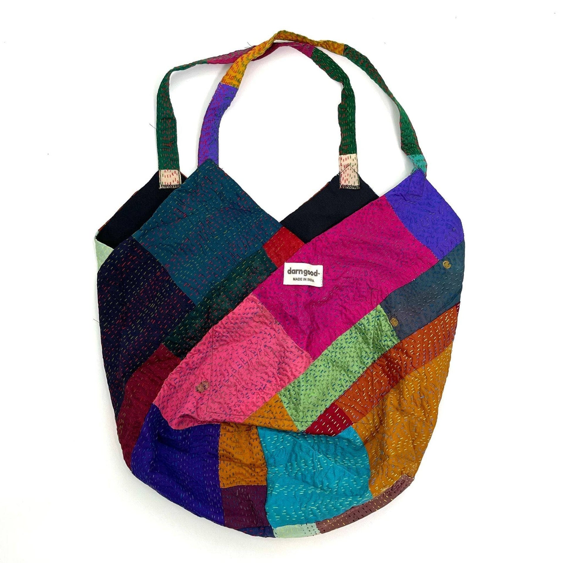 Samosa Kantha Stitch Bag in Teal Geometric Cotton