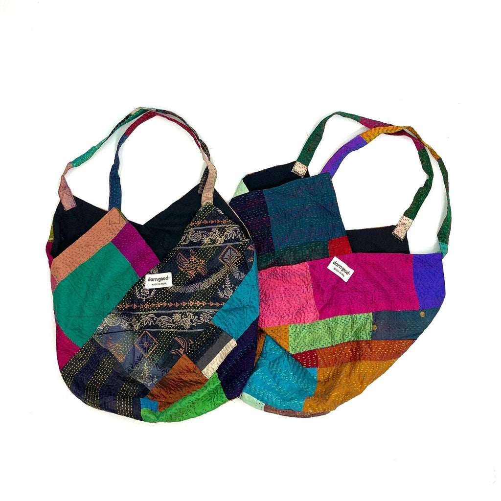 Samosa Kantha Stitch Bag in Teal Geometric Cotton