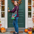 One-of-a-kind teal multicolor cotton bag featuring intricate geometric Kantha stitching
