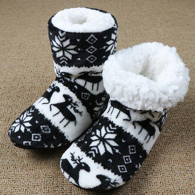 Women's Festive Elk Print Fuzzy Knit Slipper Booties - Red/White