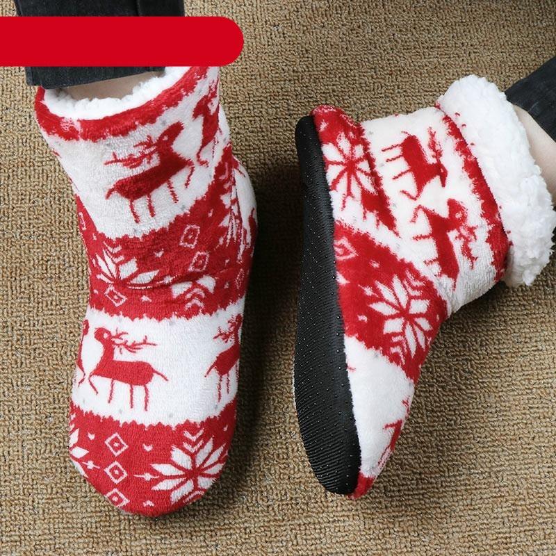 Women's Festive Elk Print Fuzzy Knit Slipper Booties - Red/White