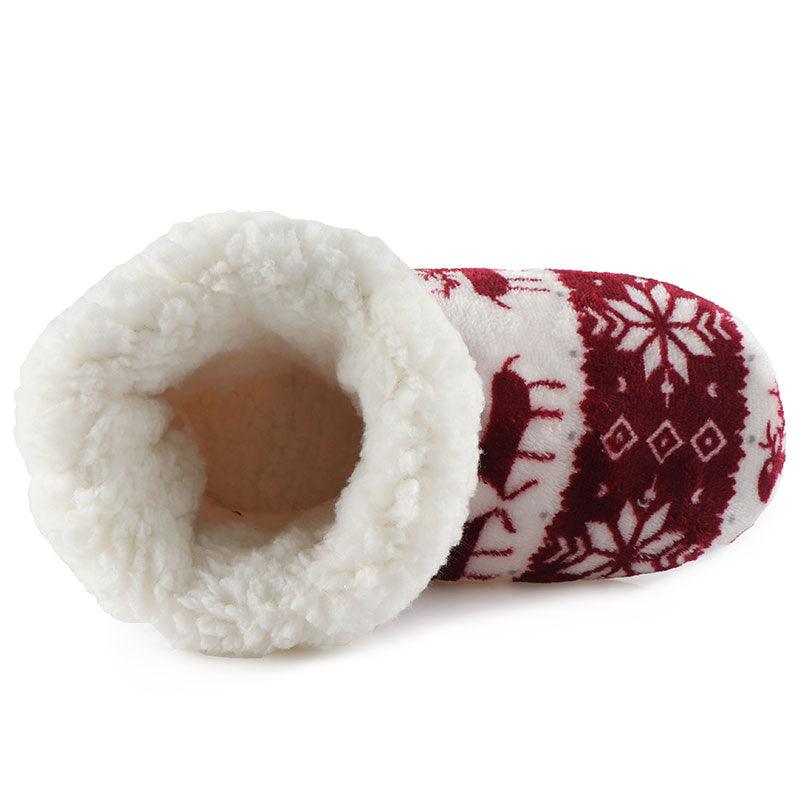 Women's Festive Elk Print Fuzzy Knit Slipper Booties - Red/White