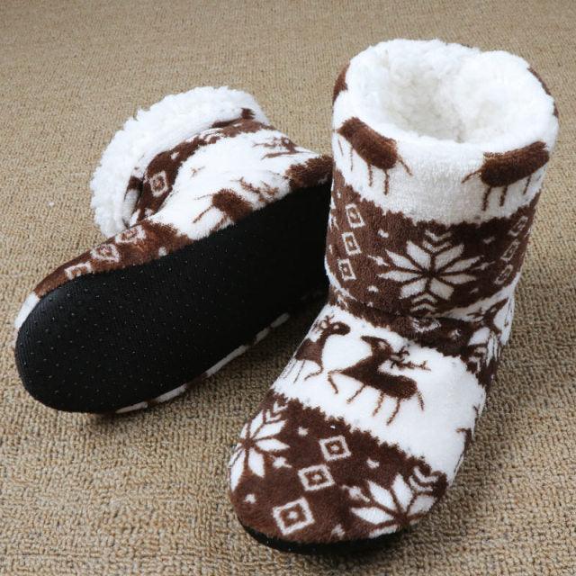 Women's Festive Elk Print Fuzzy Knit Slipper Booties - Red/White
