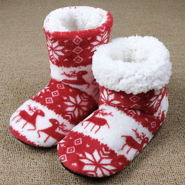 Women's Festive Elk Print Fuzzy Knit Slipper Booties - Red/White