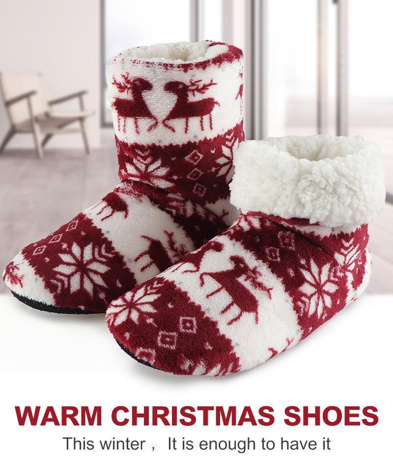 Women's Festive Elk Print Fuzzy Knit Slipper Booties - Red/White