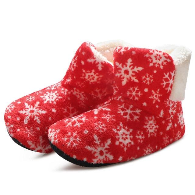 Women's Festive Elk Print Fuzzy Knit Slipper Booties - Red/White