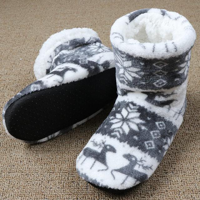 Women's Festive Elk Print Fuzzy Knit Slipper Booties - Red/White