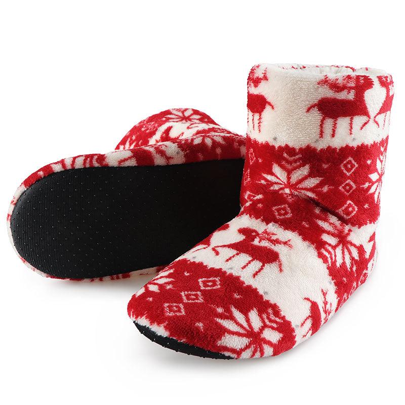 Women's Festive Elk Print Fuzzy Knit Slipper Booties - Red/White