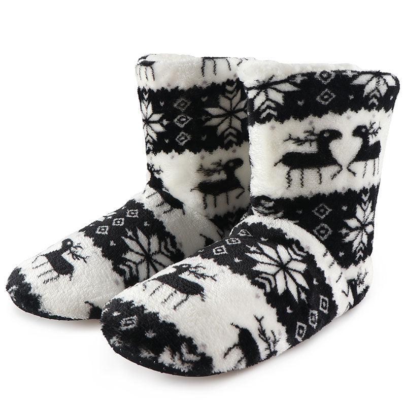 Women's Festive Elk Print Fuzzy Knit Slipper Booties - Red/White