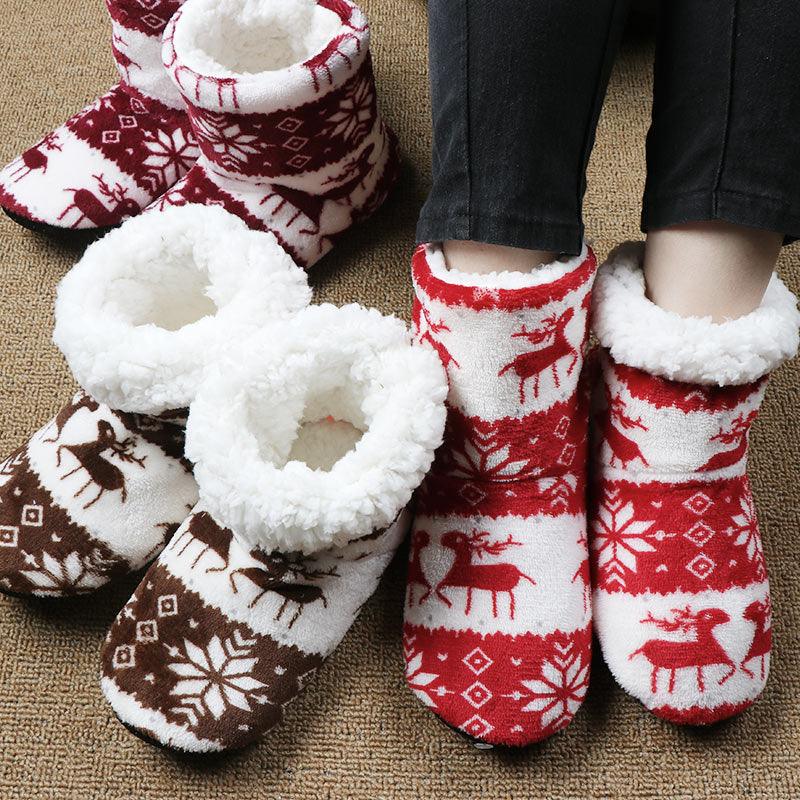 Women's red and white festive elk print knit slipper booties for indoor use