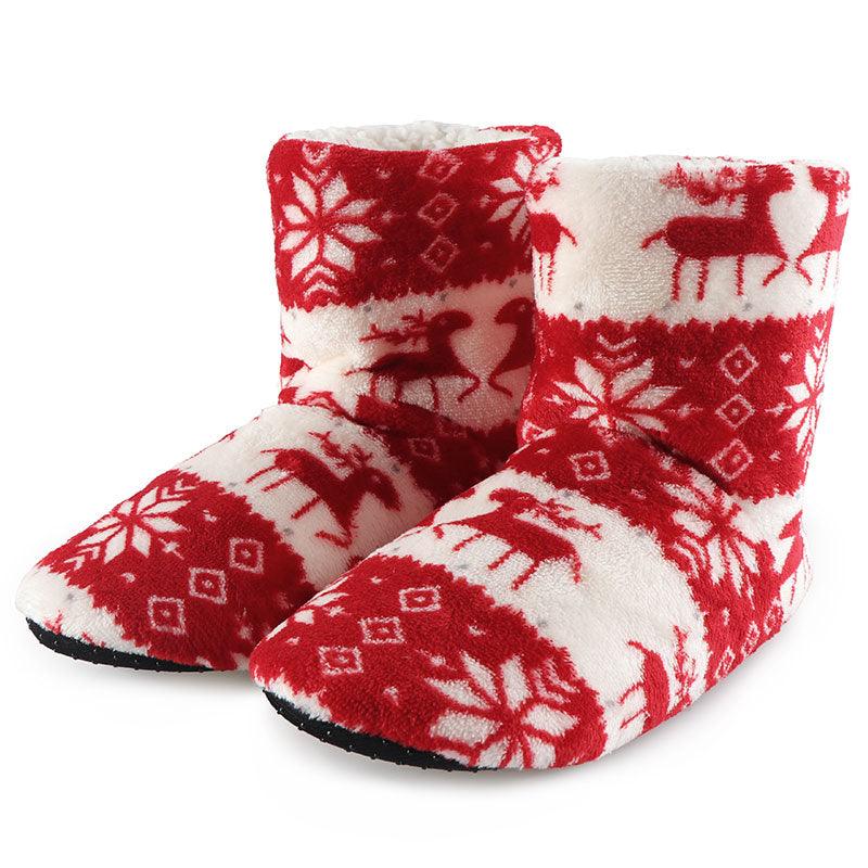 Women's Festive Elk Print Fuzzy Knit Slipper Booties - Red/White