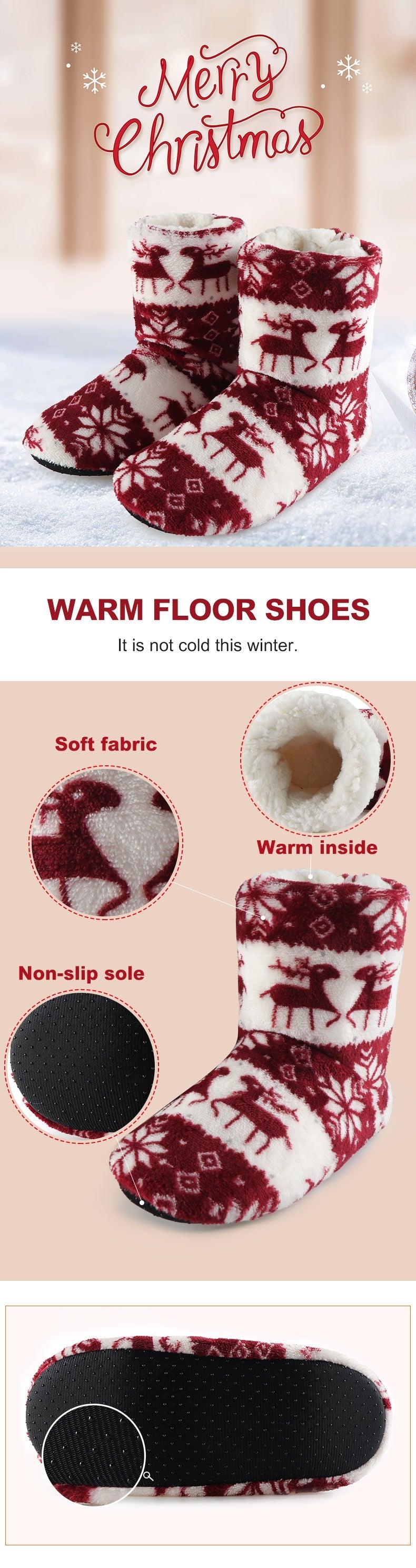 Women's Festive Elk Print Fuzzy Knit Slipper Booties - Red/White