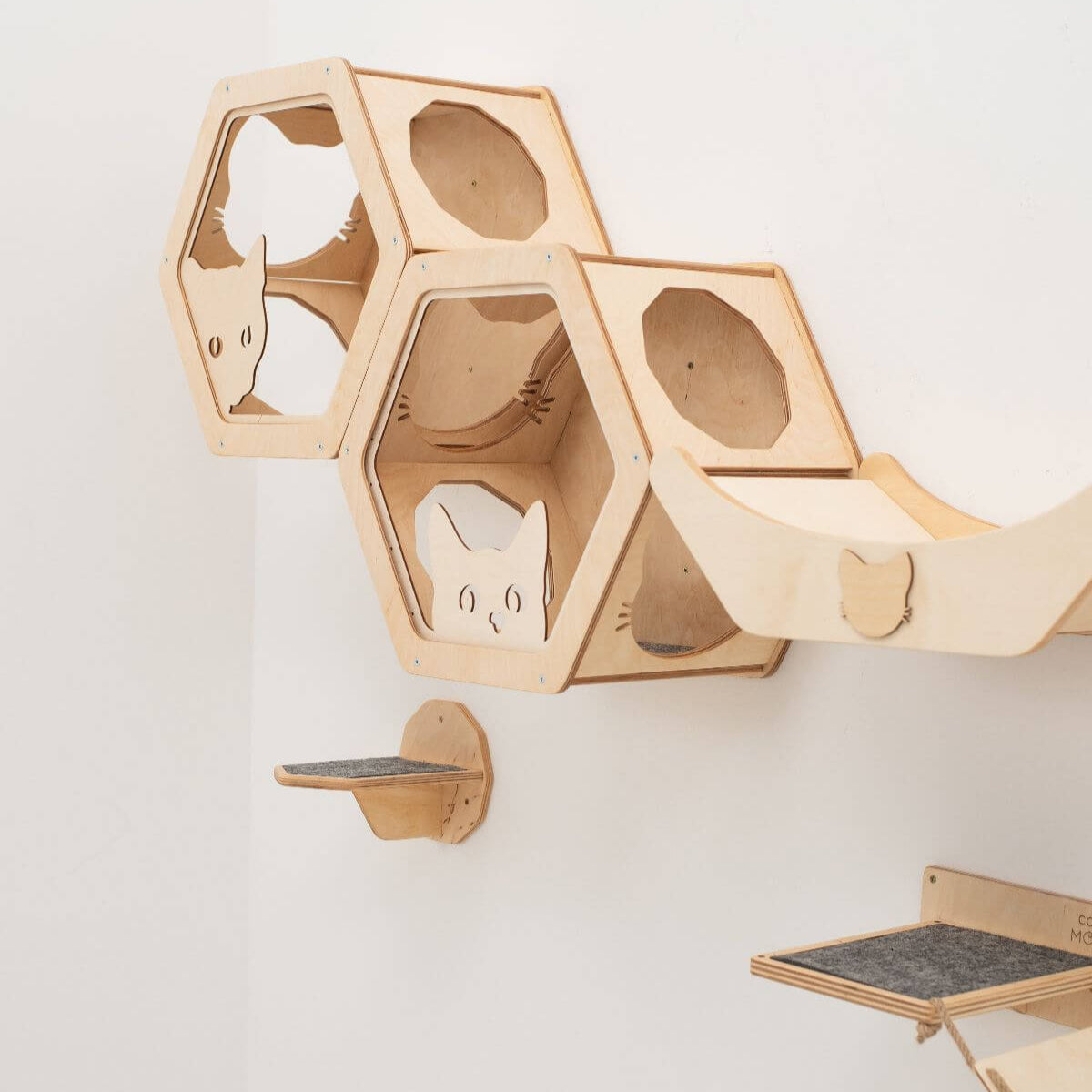 Honeycomb Cat Wall Shelves in Light Wood and Black