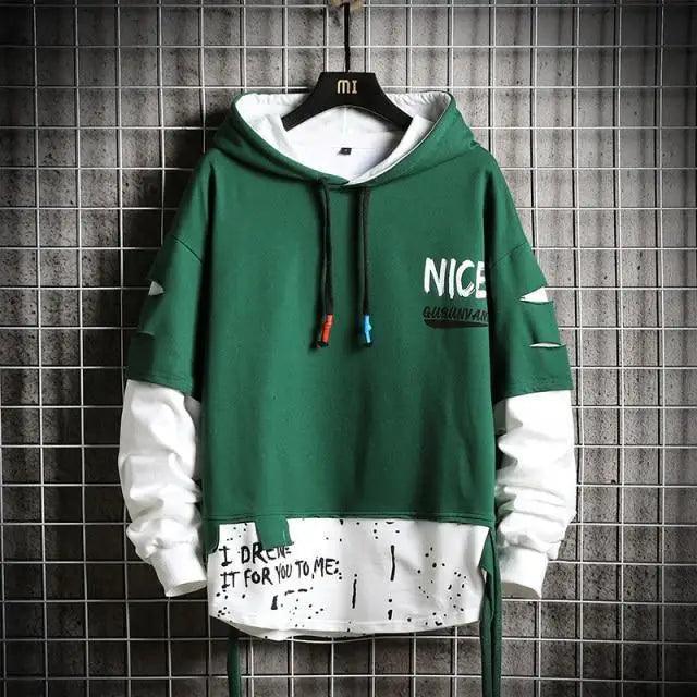 Mens Streetwear Letter Print Patchwork Hoodie Hip Hop Pullover